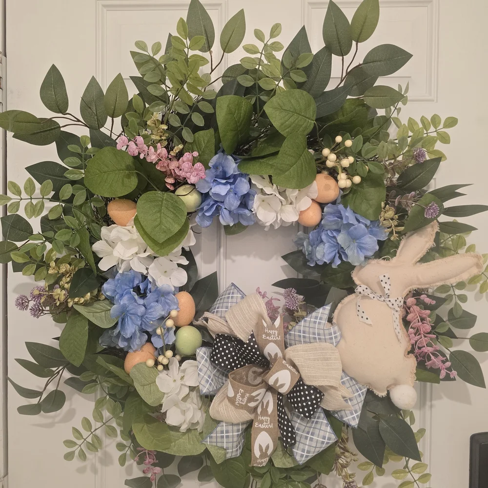 Spring Floral Easter Wreath with Bunny Accents